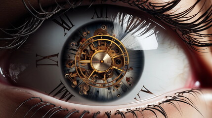 An eye with a clock inside , lifespan time concept,  surrealism, realistic - obrazy, fototapety, plakaty