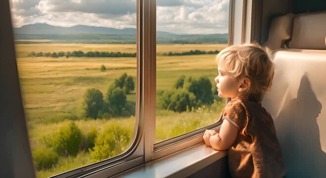 illustration of a small child in a train looking at a beautiful meadow view from the window 
