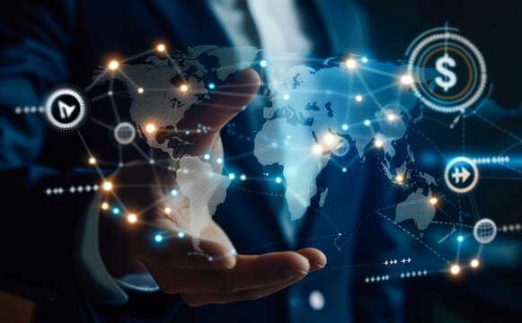 Technology Entrepreneur Presenting Futuristic Global Business Innovation at Evening Conference - Powered by Adobe