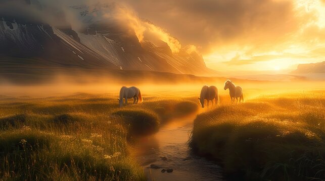 amazing Photography of iceland landscape,iceland ponies,sunrise,fog,soft light,vignette,ultrarealistic
