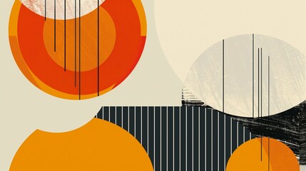 Abstract mid-century modern art. Concept of geometric shapes in orange and beige tones with textured lines and patterns, perfect for a chic boho-style background or poster design.