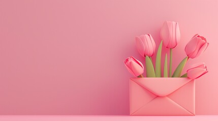 Tulips in envelope on pink background. Concept of a charming, pastel pink envelope filled with stylized pink tulips, creating a romantic and cheerful greeting card or invitation design.