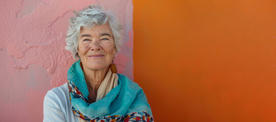 Portrait photography of a pleased Brazilian woman in her 70s wearing a foulard against a pastel or soft color background. contented woman in her seventies, elegantly adorned with a foulard. copy space