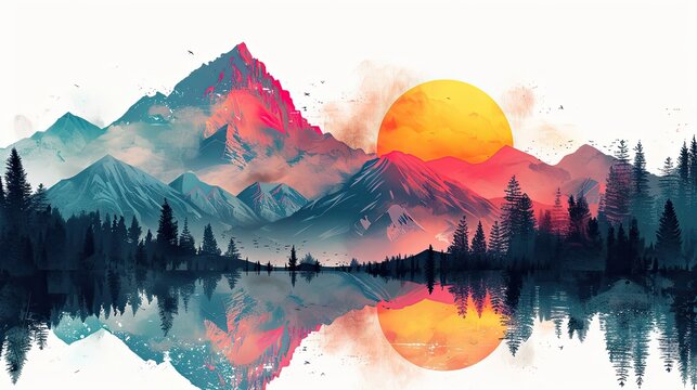 an geometric illustration in pastel colours with mountains and forest, Britisch Columbia landscape, minimalism
