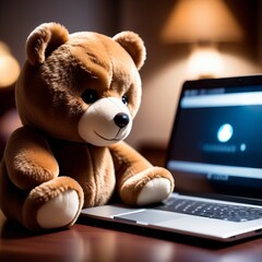 Teddy bear on a laptop.