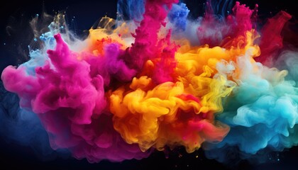 Splash of colors, background. Colorful powder smoke plumes in vibrant yellow, pink, and blue hues isolated on black. Abstract art concept for poster and creative design. Multicolored smoke.