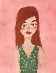 Abstract portrait of a red-haired girl in a green dress. Digital art.