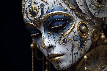 Venetian carnival mask on black background, close-up.