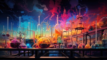 representation of medical science pharmaceutical research, showcasing vibrant colors, molecular structures, and the symbolic representation of innovative discoveries