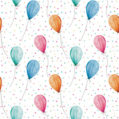 Seamless watercolor colorful birthday party balloons pattern. Drawn by hand on transparent background.