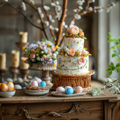 easter eggs cake and flowers