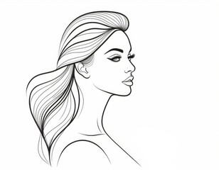 simplified female silhouette line art isolated on white background. Beauty or hair, eyelashes salon, t shirt or textile print.