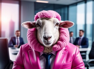 sheep animal in pink outfit working on laptop at the modern office. Corporate america. Funny poster. Phishing and fraud. 