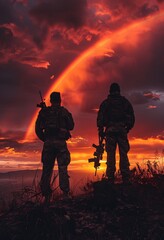 Obraz premium Sunset Soldiers Two Men Standing on a Hill with a Rainbow Sky in the Background Generative AI