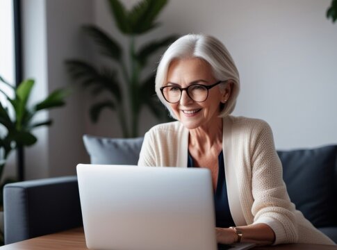 senior woman on dating website, looking happy while using laptop. Aging and technology gap overcome. Retired person with  computer.