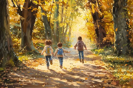 Autumn Leaves and Backpacks A Trio of Children Enjoy a Sunny Day Outdoors Generative AI