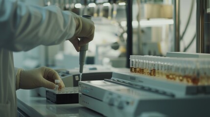 A scientist meticulously pipettes a liquid into a sample tray in a controlled laboratory setting, exemplifying precision in scientific research.