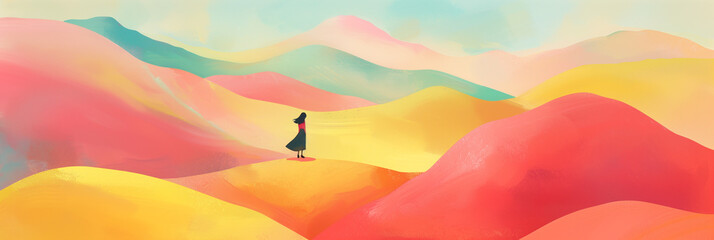 Painting of a lonely woman standing over the colorful hills.
