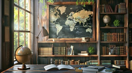 World Map on Chalkboard in a Library Setting Generative AI - obrazy, fototapety, plakaty