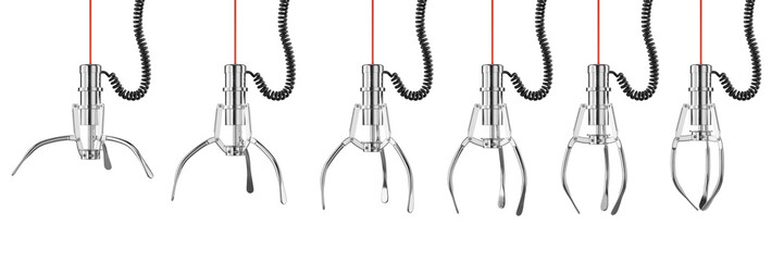 Opened and Closed Chrome Machine Claw Hand isolated on a white background. Robotic Claw Hand in different positions.