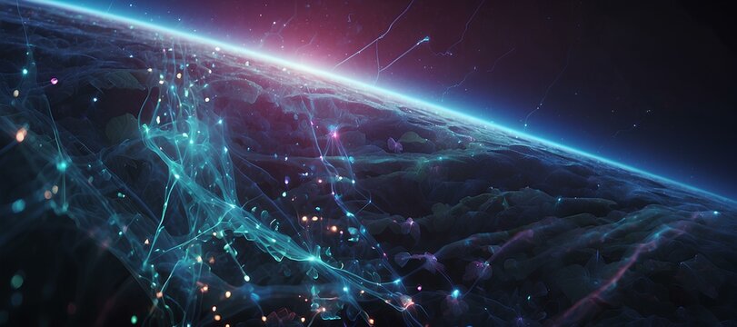 Wide image of Global Network Illuminated: Complex Lacer Light Structure Surrounding a Planet.