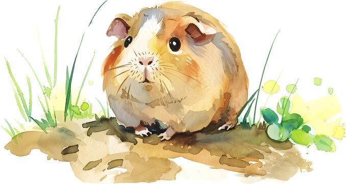 Watercolor Illustration of a Guinea Pig in En Plein Air Style