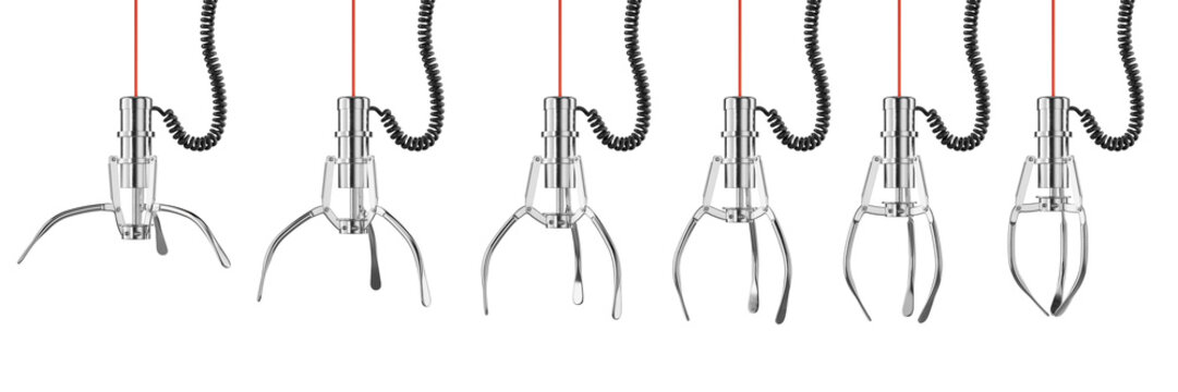 Opened and Closed Chrome Machine Claw Hand isolated on a white background. Robotic Claw Hand in different positions.