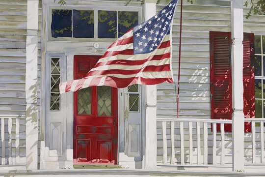 Red Door with American Flag A Patriotic Painting for the 4th of July Generative AI