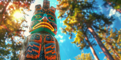 Spirit object ceremony of sacramental beliefs. Ancient culture, tradition cult, magic spell purpose concept. Close-up colorful tall wooden bird totem pole with green trees park background - obrazy, fototapety, plakaty