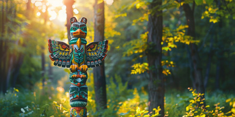 Colorful tall wooden bird totem pole with green trees park background. Spirit object ceremony of sacramental beliefs. Ancient culture, tradition cult, magic spell purpose concept - obrazy, fototapety, plakaty