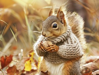 Squirrel in a Knitted Jumper - A squirrel clutching a nut, wearing a snug, knitted jumper, looking cozy and ready for autumn.  - obrazy, fototapety, plakaty