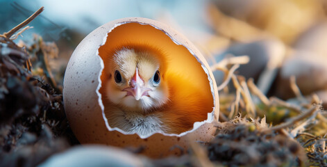 A little cute chick, newborn hatchling is peeking out from a broken chicken egg. - 745062102