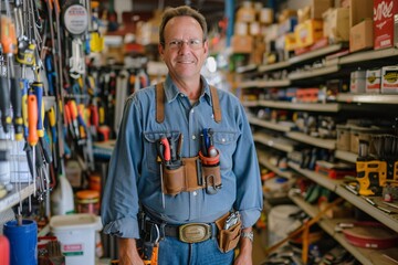 Hardworking Man - A man wearing a tool belt and glasses, surrounded by various tools and supplies, showcasing his dedication to his work. Generative AI