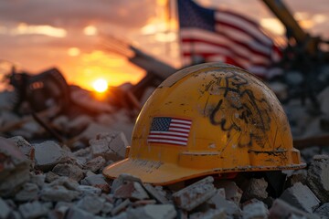 Sunset Safety A Hard Hat's Journey Through the Rubble Generative AI