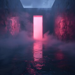 Mysterious Red Glowing Doorway at Twilight Shrouded in Fog