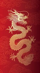 Golden dragon on a red background. Chinese New Year. Vector illustration.
