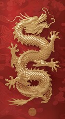 Golden dragon on a red background. Chinese New Year. Vector illustration.