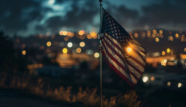 Glowing Skies and the American Flag A Nighttime Cityscape Generative AI