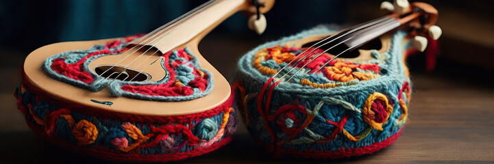 Hand-knitted stringed musical instrument from yarn. Masterful and stylish work of a professional. The concept of creativity in music and knitting.