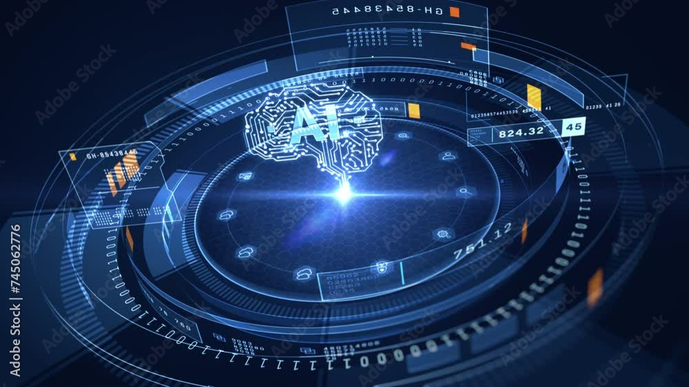 Poster artificial intelligence brain interface with futuristic data visualization,