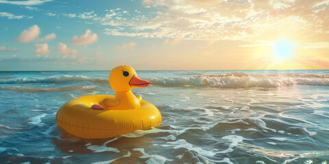Inflatabe yellow rubber duck toy floating In sea ocean water with sunset sunrise on background....
