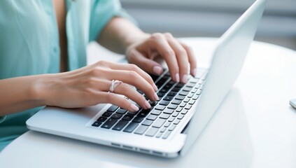 Close up of businesswoman hands typing on laptop keyboard at office desk