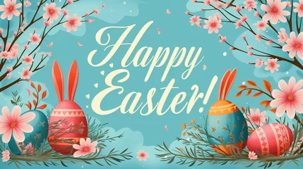 Foto op Aluminium Hand drawn Easter card with eggs with hare ears, pink flowers on a pastel blue background with the words "Happy Easter!". © alisluch