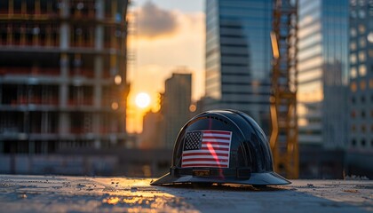 Sunset Safety Construction Worker's Helmet with American Flag Generative AI - obrazy, fototapety, plakaty