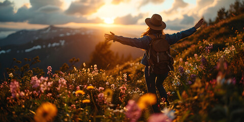 Happy and Successful Woman Celebrating in the Hills with Outstretched Arms. Woman Raising Hands in Mountains