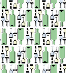 Wine Pattern seamless. Bottle of liquor and glass of wine and corkscrew Background. Ornament for Liquor store