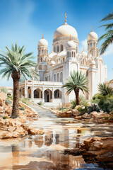 Fototapeta na wymiar Illustration of beautiful white mosque against blue sky background. Ramadan concept
