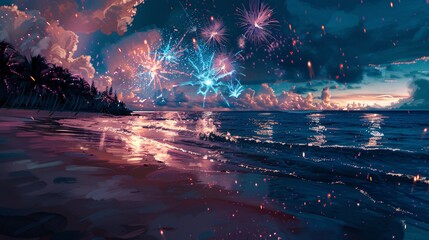 Glowing Fireworks Over the Ocean A Spectacular July 4th Celebration Generative AI
