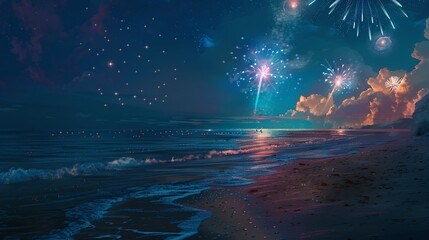 Obraz na płótnie Canvas Glowing Night Sky Over the Ocean A Spectacular Firework Display Generative AI