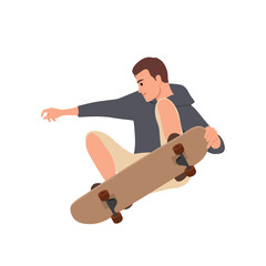 Young man jump skateboard wearing hoodie. Flat vector illustration isolated on white background